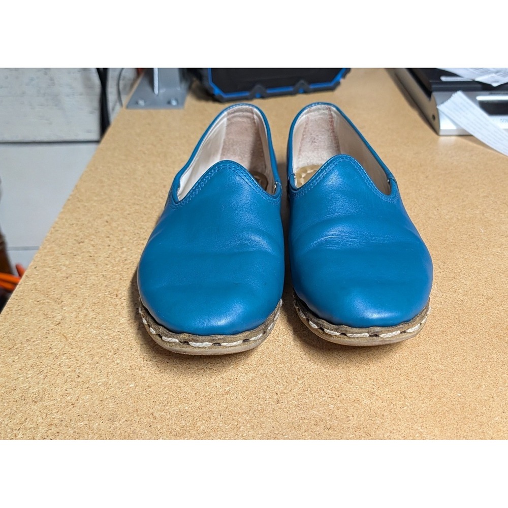 Sabah Blue Leather Handmade Slipper Loafer Turkish Contrast Stitch Blue W40 Boho - Picture 2 of 7